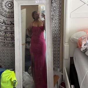 la femme strappy back slit jersey dress